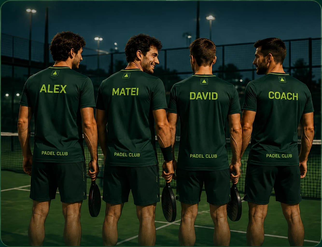 Echipă de padel purtând tricouri personalizate