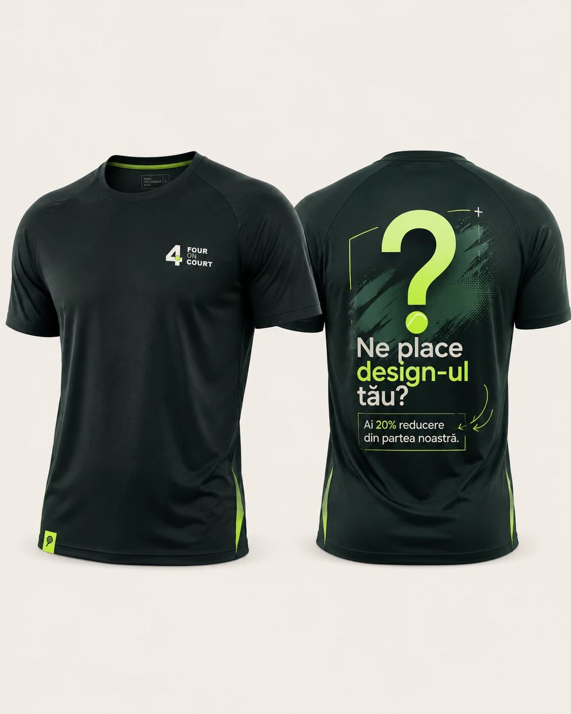 Tricou de padel negru, față și spate, cu întrebarea „Ne place design-ul tău?”